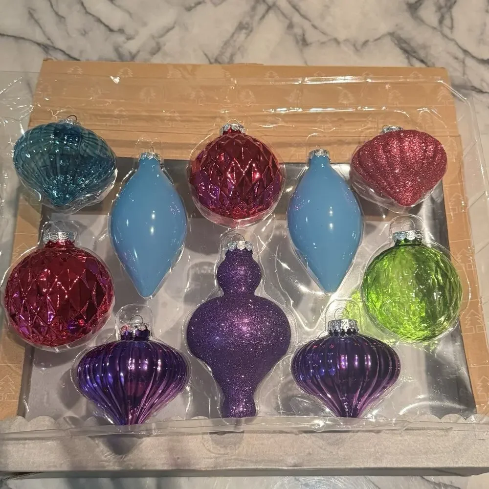 NEW 2014 Target Wondershop 10 Glass Ornaments Royal Purple Pink Glitter Teardrop